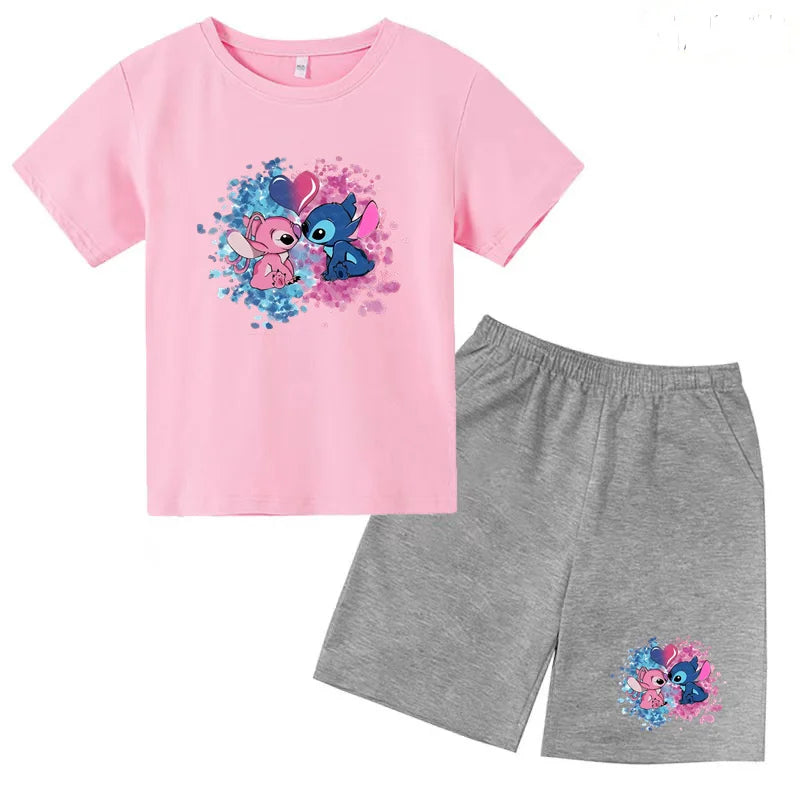 Kids Anime Stitch Print T-Shirt and Shorts Set Toddler Boys Girls Outfit in pink and gray with cartoon characters