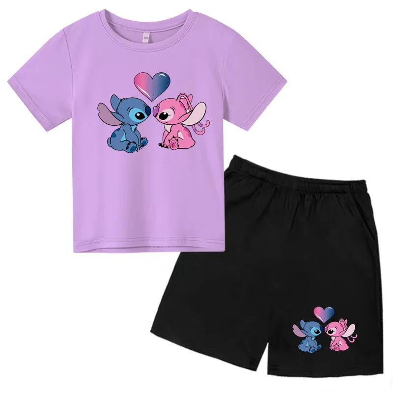 Kids Anime Stitch Print T-Shirt and Shorts Set Toddler Boys Girls Outfit with purple shirt and black shorts