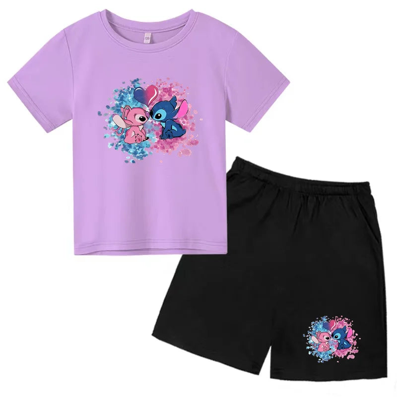 Kids Anime Stitch Print T-Shirt and Shorts Set Toddler Boys Girls Outfit in purple and black with cute character design