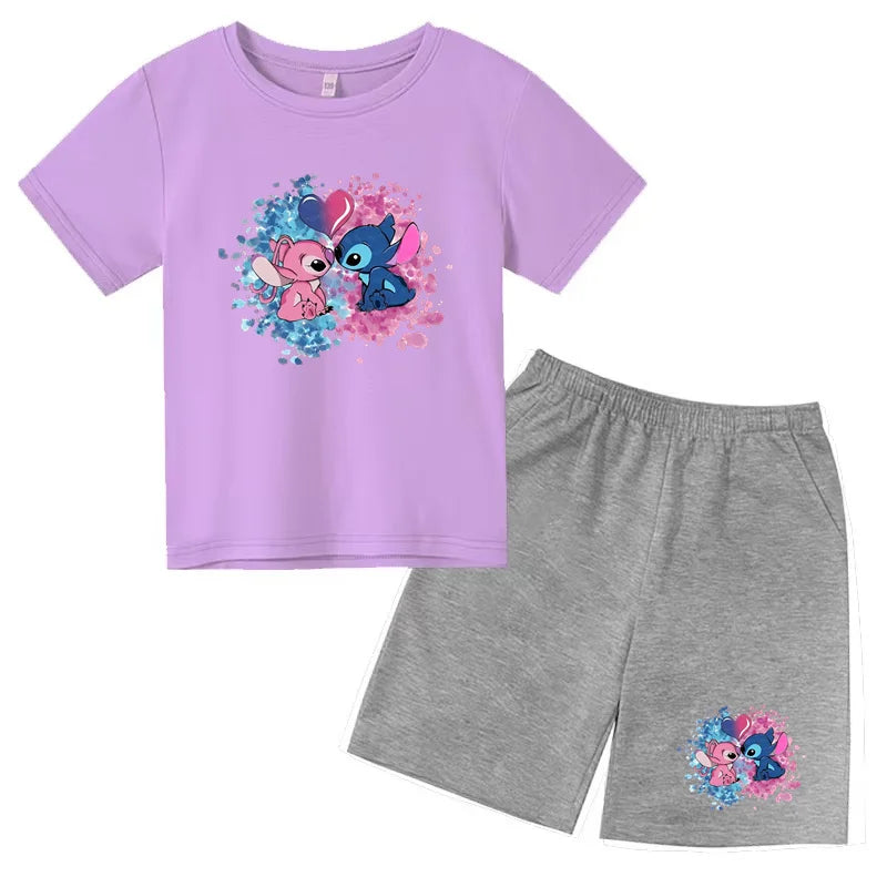 Kids Anime Stitch Print T-Shirt and Shorts Set Toddler Boys Girls Outfit in purple and gray with cartoon characters