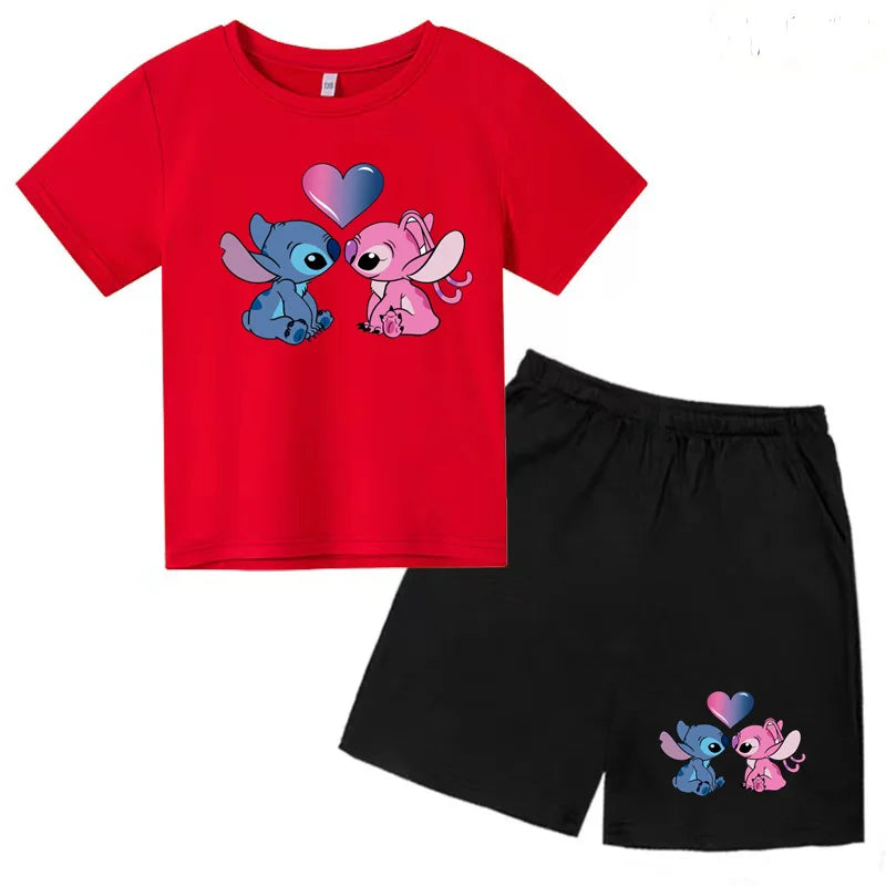 Kids Anime Stitch Print T-Shirt and Shorts Set Toddler Boys Girls Outfit red top with blue and pink cartoon characters and black shorts
