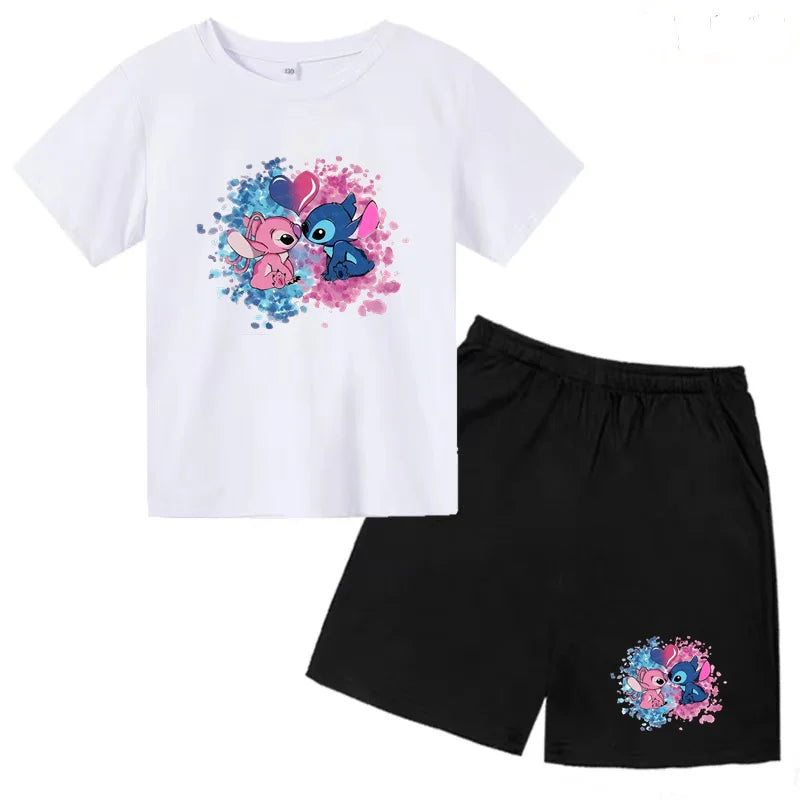 Kids Anime Stitch Print T-Shirt and Shorts Set Toddler Boys Girls Outfit with blue and pink character graphics