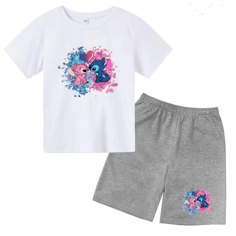 Kids Anime Stitch Print T-Shirt and Shorts Set Toddler Boys Girls Outfit by Yamza Tots Closet with white tee and gray shorts