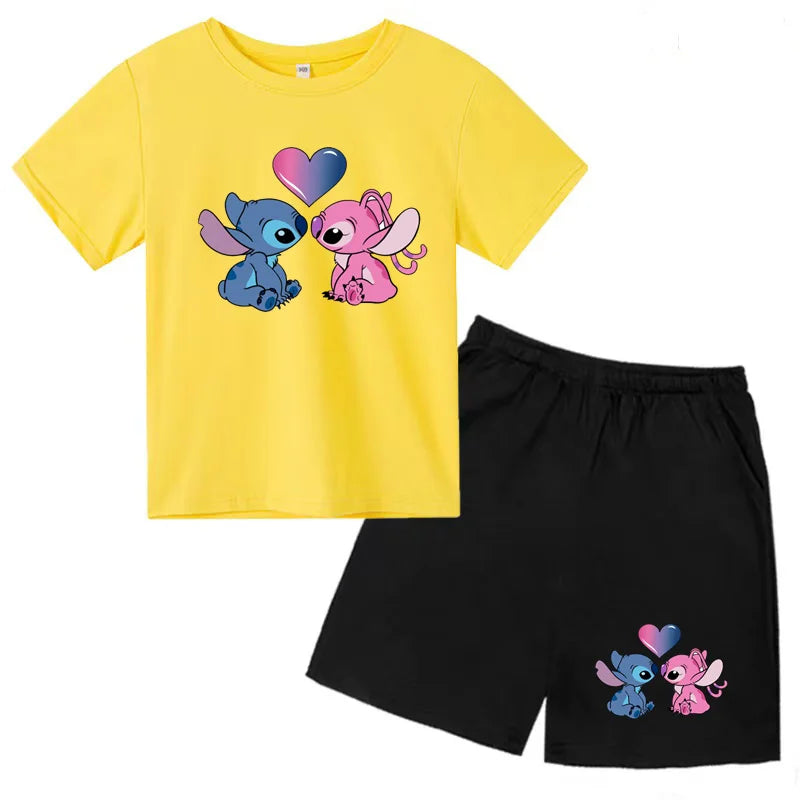Kids Anime Stitch Print T-Shirt and Shorts Set Toddler Boys Girls Outfit in yellow and black with cartoon characters