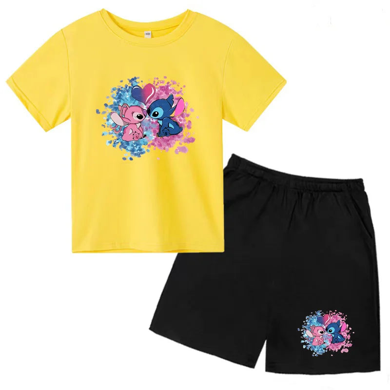 Kids Anime Stitch Print T-Shirt and Shorts Set Toddler Boys Girls Outfit with yellow top and black shorts