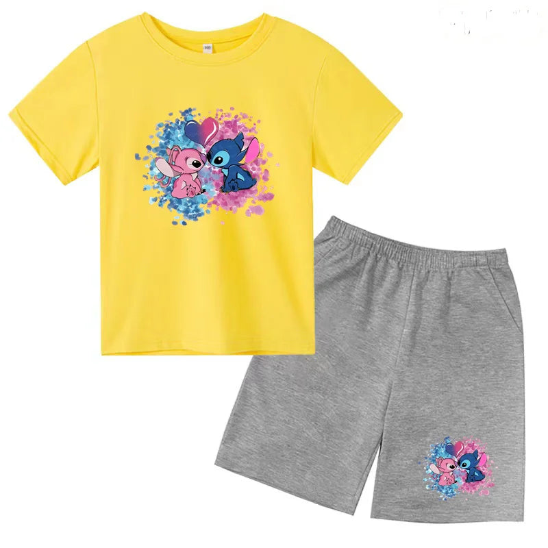 Kids Anime Stitch Print T-Shirt and Shorts Set Toddler Boys Girls Outfit with yellow top and gray shorts