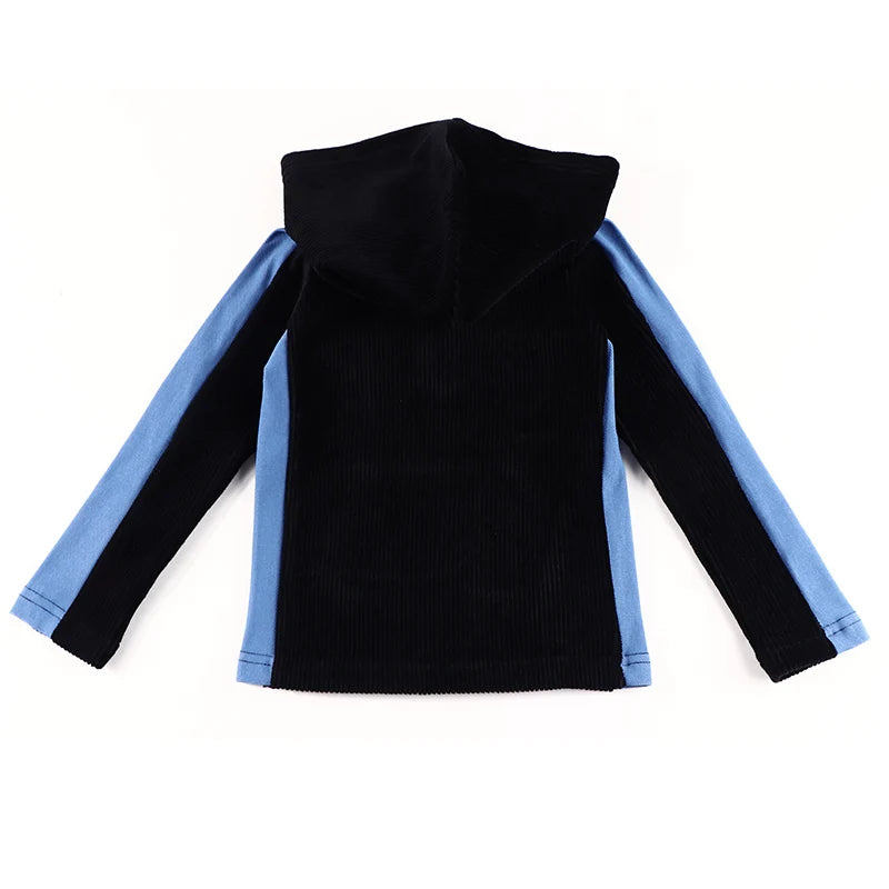 Kids Black Corduroy Hoodie Dress with Denim Side Panel and Kangaroo Pocket laid flat showing back and hood