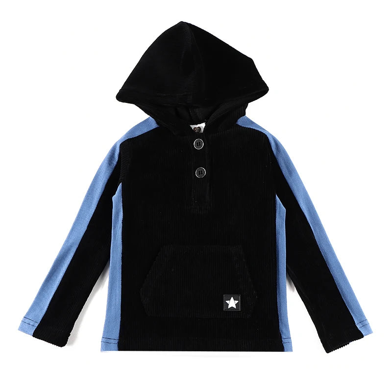 Kids Black Corduroy Hoodie Dress with Denim Side Panel and Kangaroo Pocket by Yamza Tots' Closet