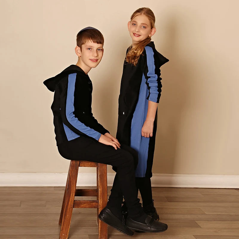 Kids Black Corduroy Hoodie Dress with Denim Side Panel and Kangaroo Pocket worn by smiling children in casual black and blue outfit
