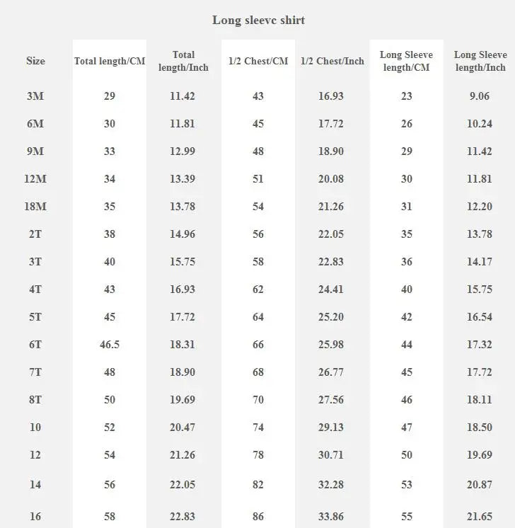 Sizing chart for kids long sleeve shirts showing measurements in centimeters and inches