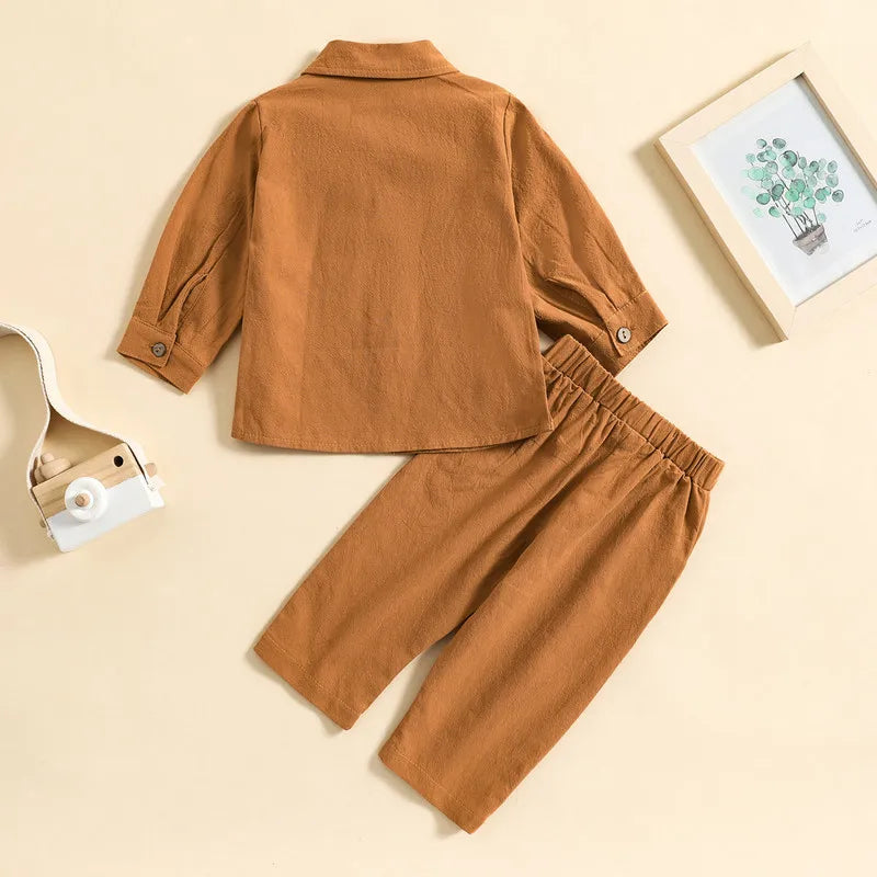 Kids Boy Autumn Pant Sets Solid Color Long Sleeve Shirt and Drawstring Pants in brown by Yamza Tots' Closet