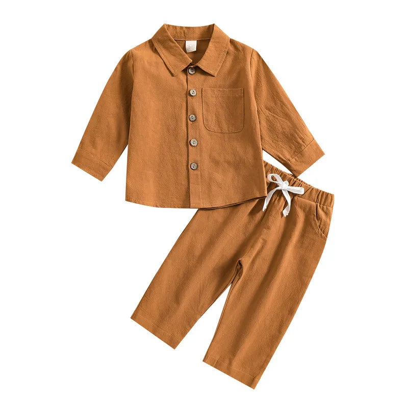 Kids Boy Autumn Pant Sets Solid Color Long Sleeve Shirt and Drawstring Pants in brown by Yamza Tots Closet