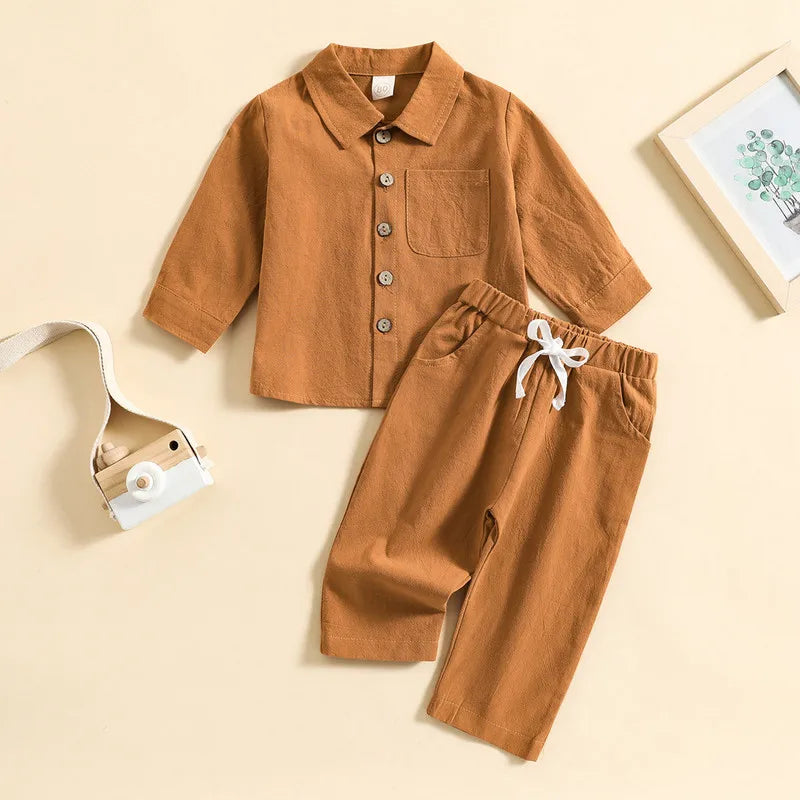 Kids Boy Autumn Pant Sets Solid Color Long Sleeve Shirt and Drawstring Pants in brown from Yamza Tots Closet