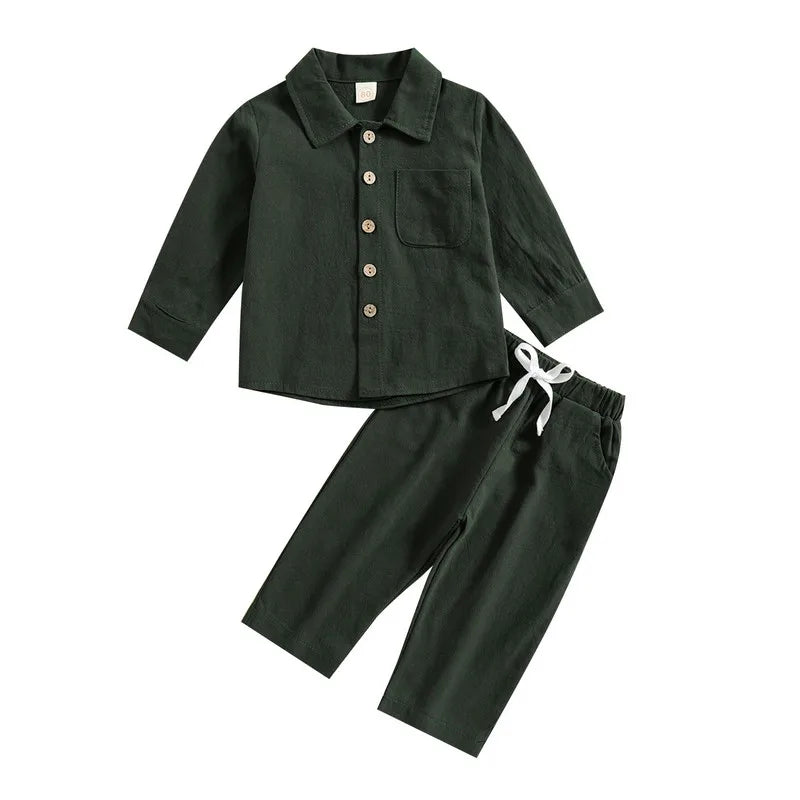 Kids Boy Autumn Pant Sets Solid Color Long Sleeve Shirt and Drawstring Pants in dark green by Yamza Tots Closet