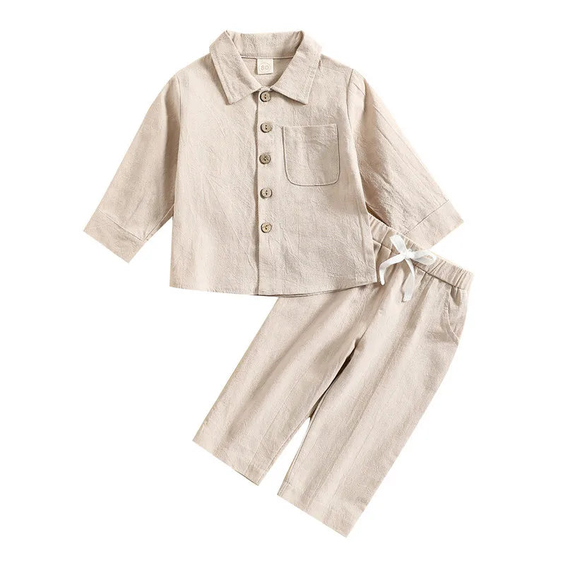 Kids Boy Autumn Pant Sets Solid Color Long Sleeve Shirt and Drawstring Pants in beige by Yamza Tots' Closet