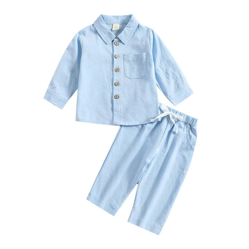 Kids Boy Autumn Pant Sets Solid Color Long Sleeve Shirt and Drawstring Pants in Light Blue