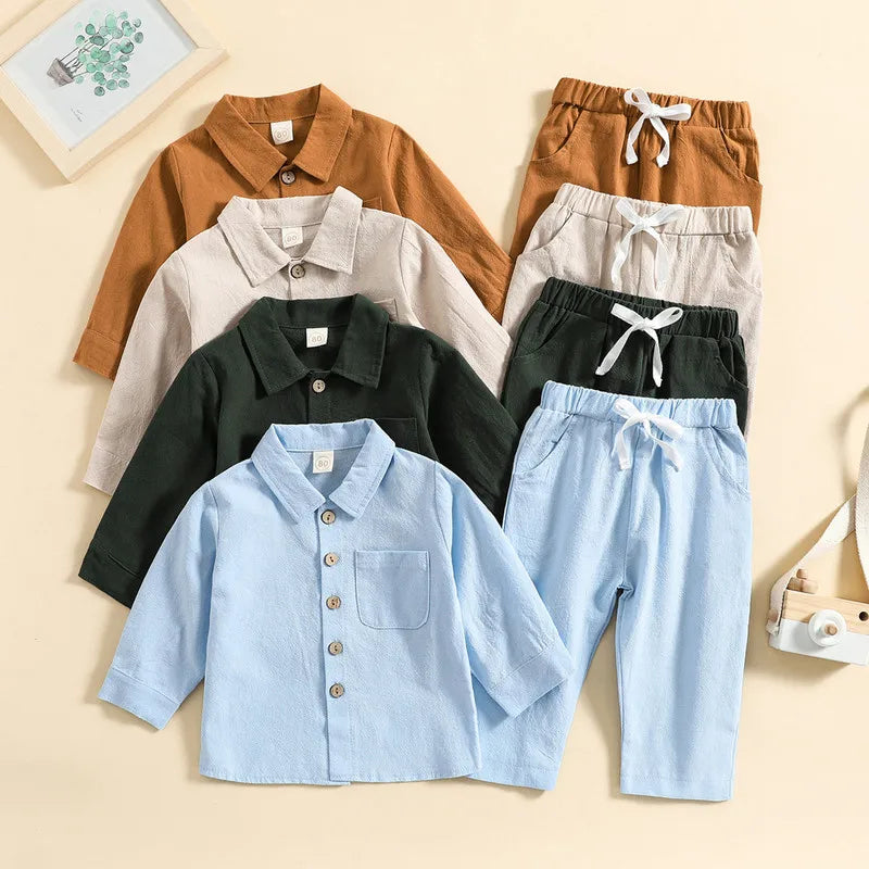 Kids Boy Autumn Pant Sets Solid Color Long Sleeve Shirt and Drawstring Pants in brown beige black and blue
