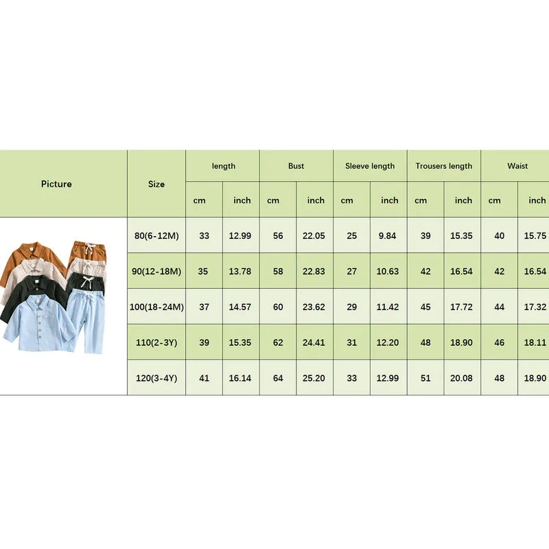 Kids Boy Autumn Pant Sets Solid Color Long Sleeve Shirt and Drawstring Pants size chart by Yamza Tots Closet
