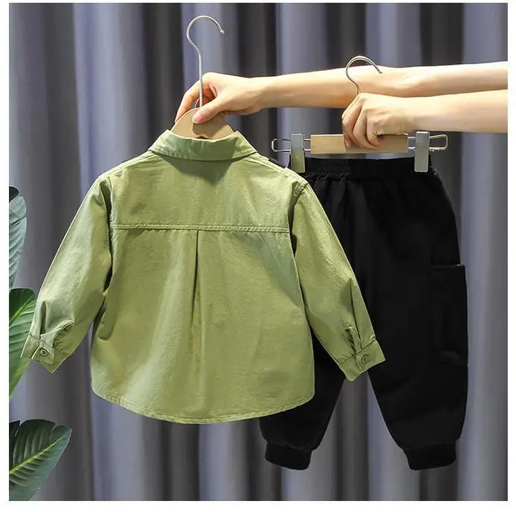 Kids Boy Clothing Set New Handsome Fashion Baby Work Style Shirt Pants Two Piece in green and black by Yamza Tots' Closet
