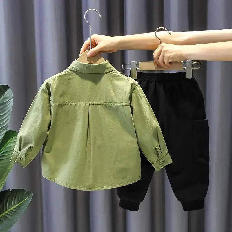 Kids Boy Clothing Set New Handsome Fashion Baby Work Style Shirt Pants Two Piece in green and black