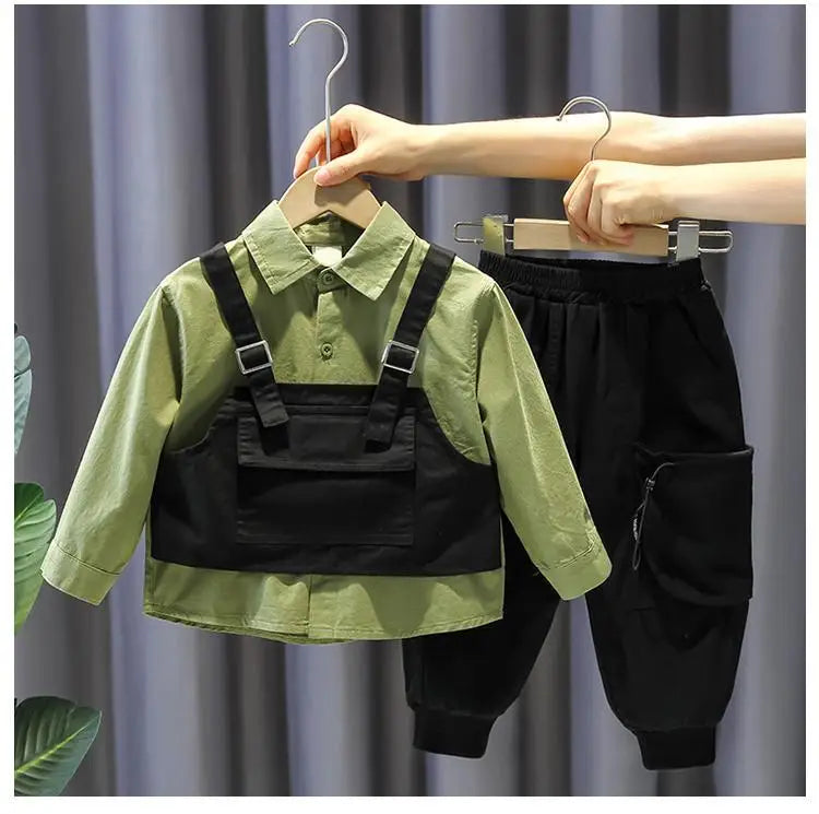 Kids Boy Clothing Set New Handsome Fashion Baby Work Style Shirt Pants Two Piece in green and black 