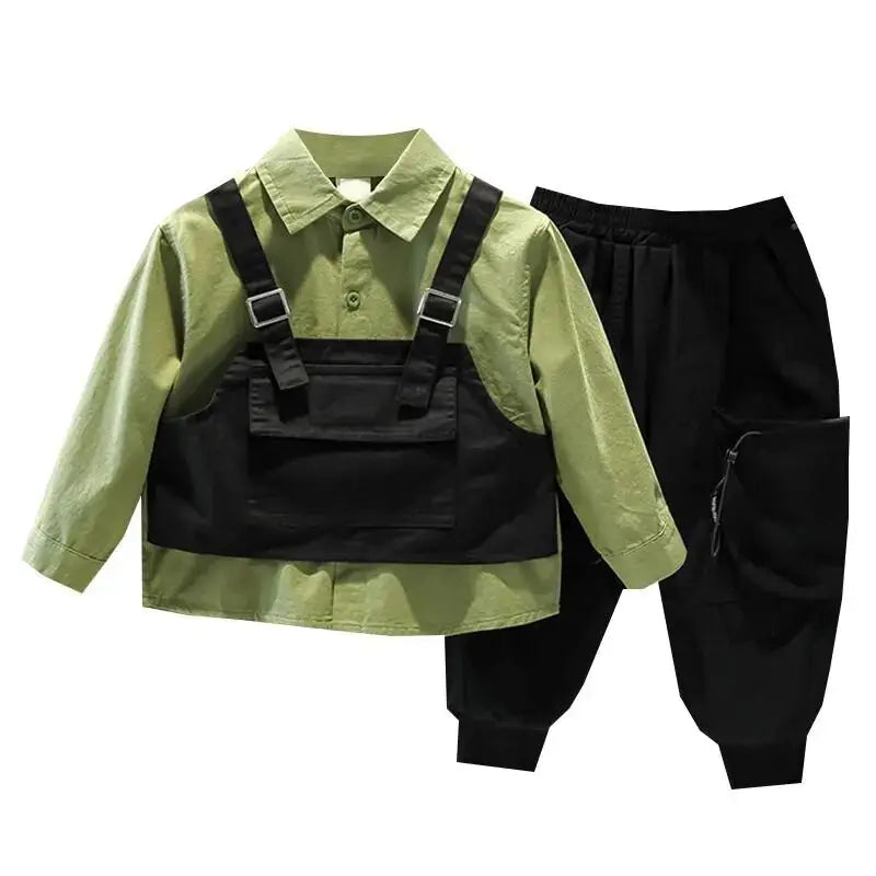 Kids Boy Clothing Set New Handsome Fashion Baby Work Style Shirt Pants Two Piece in green and black  