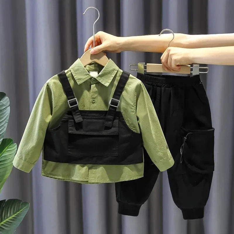 Kids Boy Clothing Set New Handsome Fashion Baby Work Style Shirt Pants Two Piece with green shirt and black pants