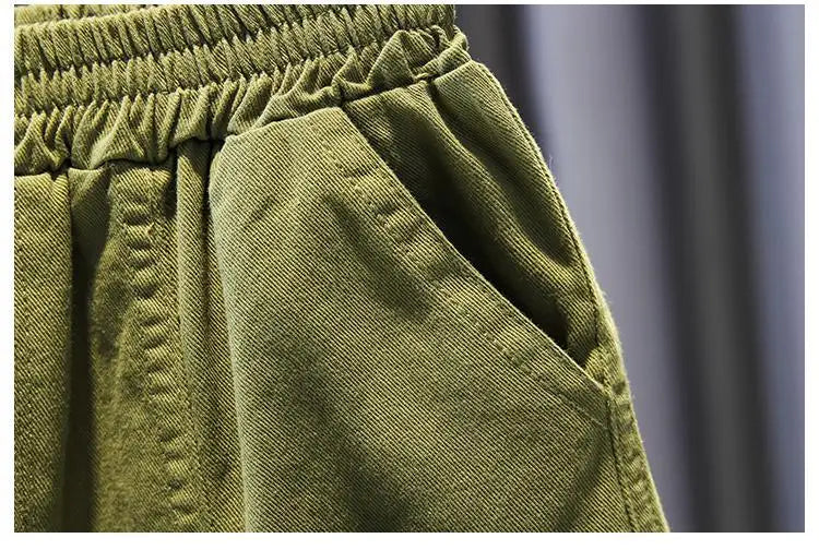 Close-up of green pants pocket with elastic waistband from Kids Boy Clothing Set New Handsome Fashion Baby Work Style Shirt Pants Two Piece