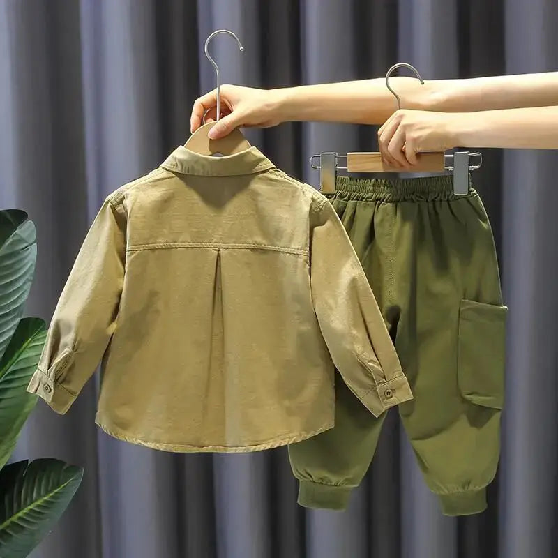 Kids Boy Clothing Set New Handsome Fashion Baby Work Style Shirt Pants Two Piece hanging on hangers from Yamza Tots Closet