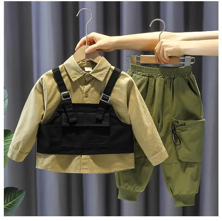 Kids Boy Clothing Set New Handsome Fashion Baby Work Style Shirt Pants Two Piece in green and black by Yamza Tots Closet