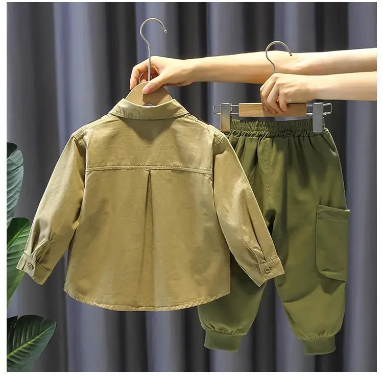 Kids Boy Clothing Set New Handsome Fashion Baby Work Style Shirt Pants Two Piece by Yamza Tots' Closet in olive green