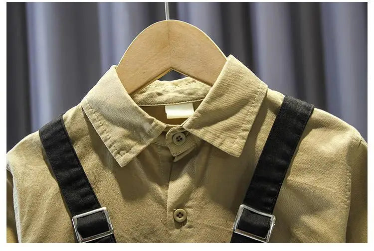 Kids Boy Clothing Set New Handsome Fashion Baby Work Style Shirt Pants Two Piece in brown with black suspenders