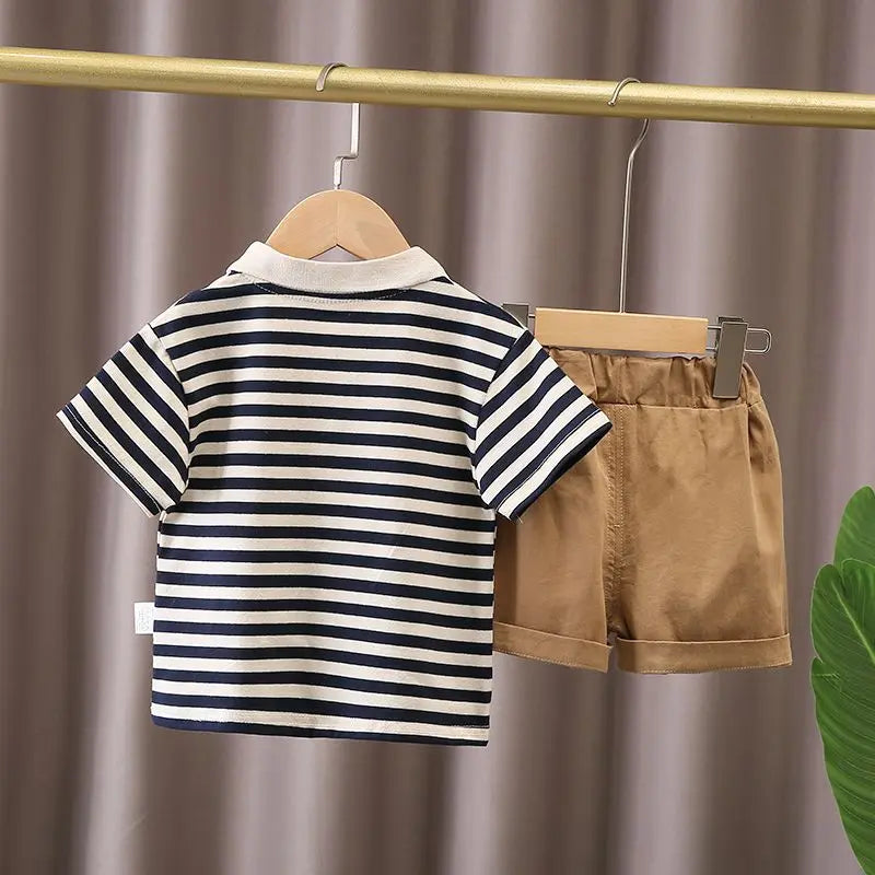 Kids Boys Cartoon Clothing Set Baby T-Shirt Pants Toddler T-shirt Shorts Outfit striped shirt with beige shorts on hangers