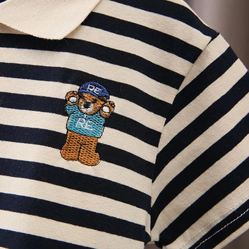 Kids Boys Cartoon Clothing Set Baby T-Shirt Pants Toddler T-shirt Shorts Outfit navy and white striped shirt with embroidered bear patch