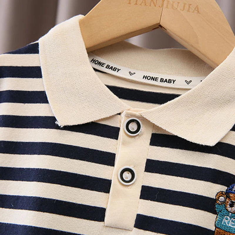 Kids Boys Cartoon Clothing Set Baby T-Shirt Pants Toddler T-shirt Shorts Outfit striped polo shirt with embroidered bear on hanger
