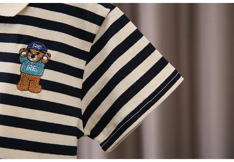 Kids Boys Cartoon Clothing Set Baby T-Shirt Pants Toddler T-shirt Shorts Outfit black and white striped sleeve with cute bear embroidery