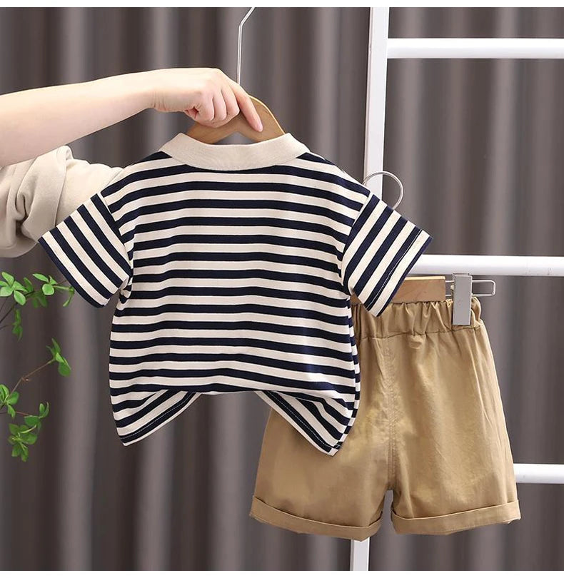 Kids Boys Cartoon Clothing Set Baby T-Shirt Pants Toddler T-shirt Shorts Outfit with striped shirt and tan shorts