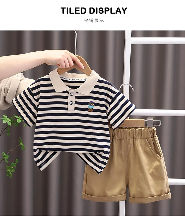 Kids Boys Cartoon Clothing Set Baby T-Shirt Pants Toddler T-shirt Shorts Outfit with striped polo shirt and khaki shorts