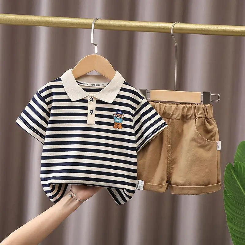 Kids Boys Cartoon Clothing Set Baby T-Shirt Pants Toddler T-shirt Shorts Outfit with striped polo shirt and tan shorts