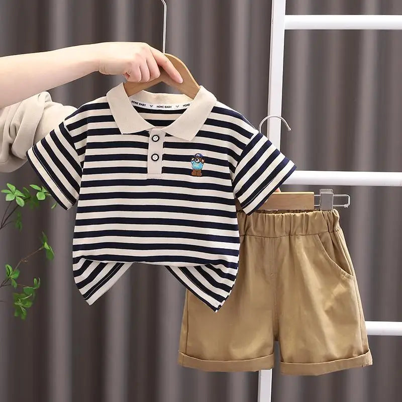 Kids Boys Cartoon Clothing Set Baby T-Shirt Pants Toddler T-shirt Shorts Outfit with striped polo shirt and khaki shorts 