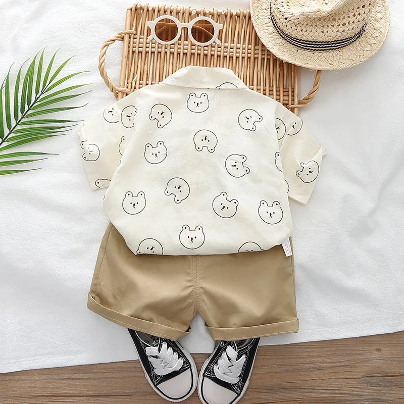 Kids Boys Cartoon Clothing Sets Baby Tee Shirt Pants Toddler T-shirt Shorts Outfit with bear print and beige shorts