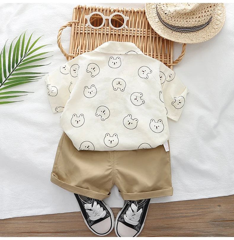 Kids boys cartoon clothing sets baby tee shirt pants toddler t-shirt shorts outfit with bear print shirt and tan shorts