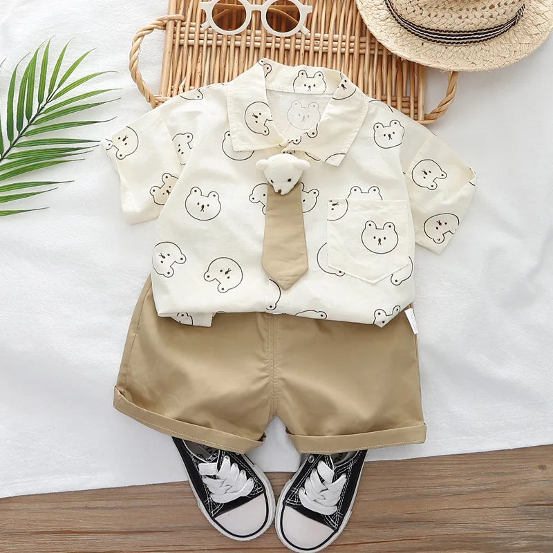 Kids Boys Cartoon Clothing Sets Baby Tee Shirt Pants Toddler T-shirt Shorts Outfit with bear print shirt and tan shorts