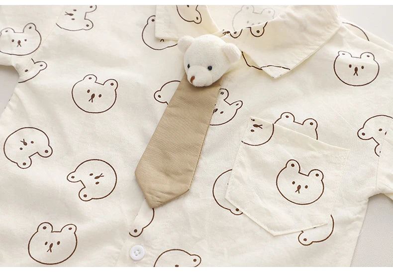 Kids Boys Cartoon Clothing Sets Baby Tee Shirt Pants Toddler T-shirt Shorts Outfit with bear face prints and plush tie
