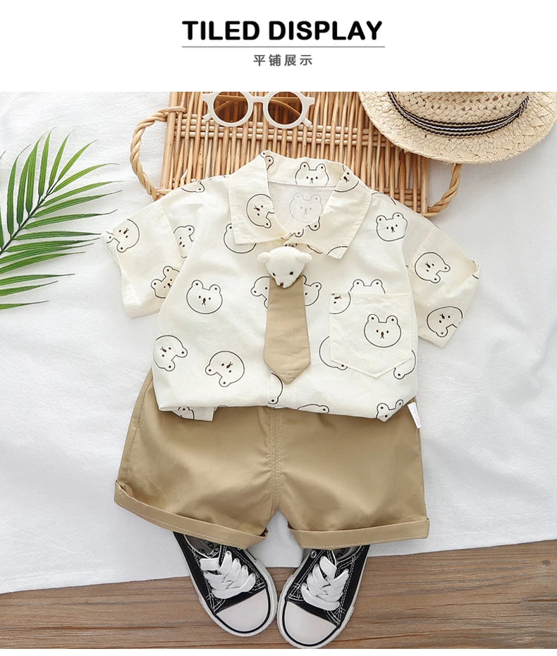 Kids Boys Cartoon Clothing Sets Baby Tee Shirt Pants Toddler T-shirt Shorts Outfit with bear print shirt and tan shorts 