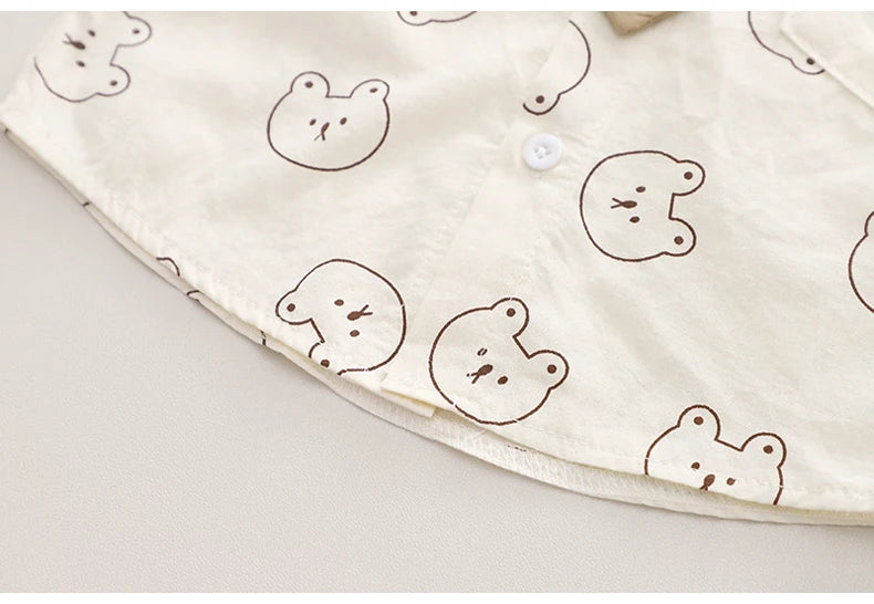 Close-up of kids boys cartoon clothing sets baby tee shirt pants toddler t-shirt shorts outfit with cute bear faces print