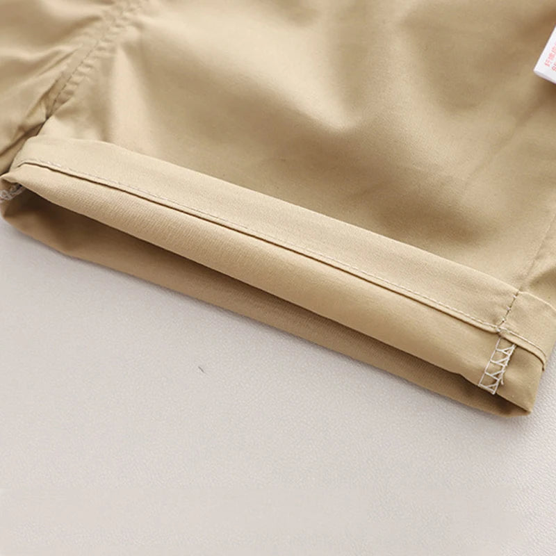 Close-up of beige Kids Boys Cartoon Clothing Sets Baby Tee Shirt Pants Toddler T-shirt Shorts Outfit pants hem stitching