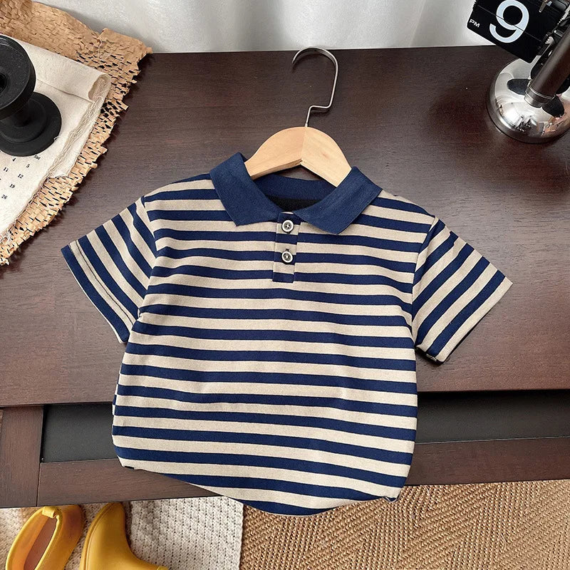 Navy and beige striped toddler polo shirt for kids boys striped clothing sets baby t-shirt pants toddler casual outfits suits