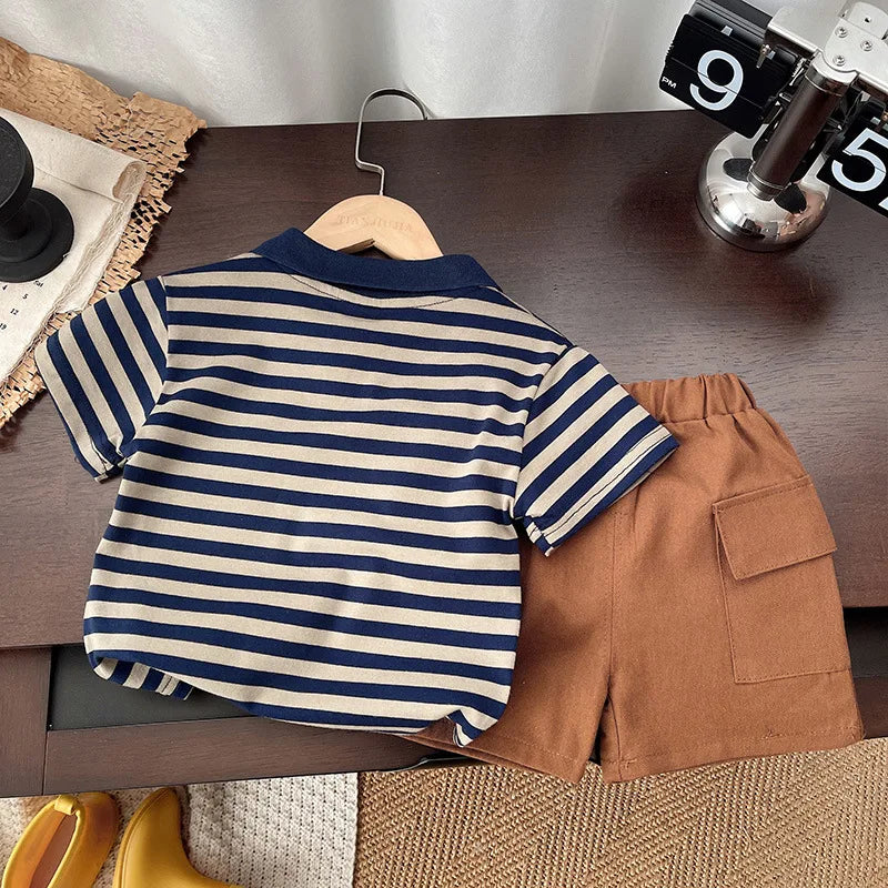 Kids Boys Striped Clothing Sets Baby T-Shirt Pants Toddler Casual Outfits Suits with navy striped shirt and brown shorts
