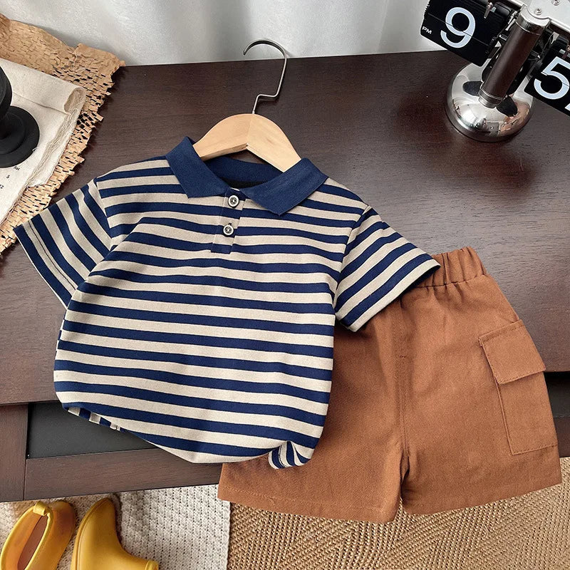 Kids Boys Striped Clothing Sets Baby T-Shirt Pants Toddler Casual Outfits Suits navy striped shirt with brown shorts